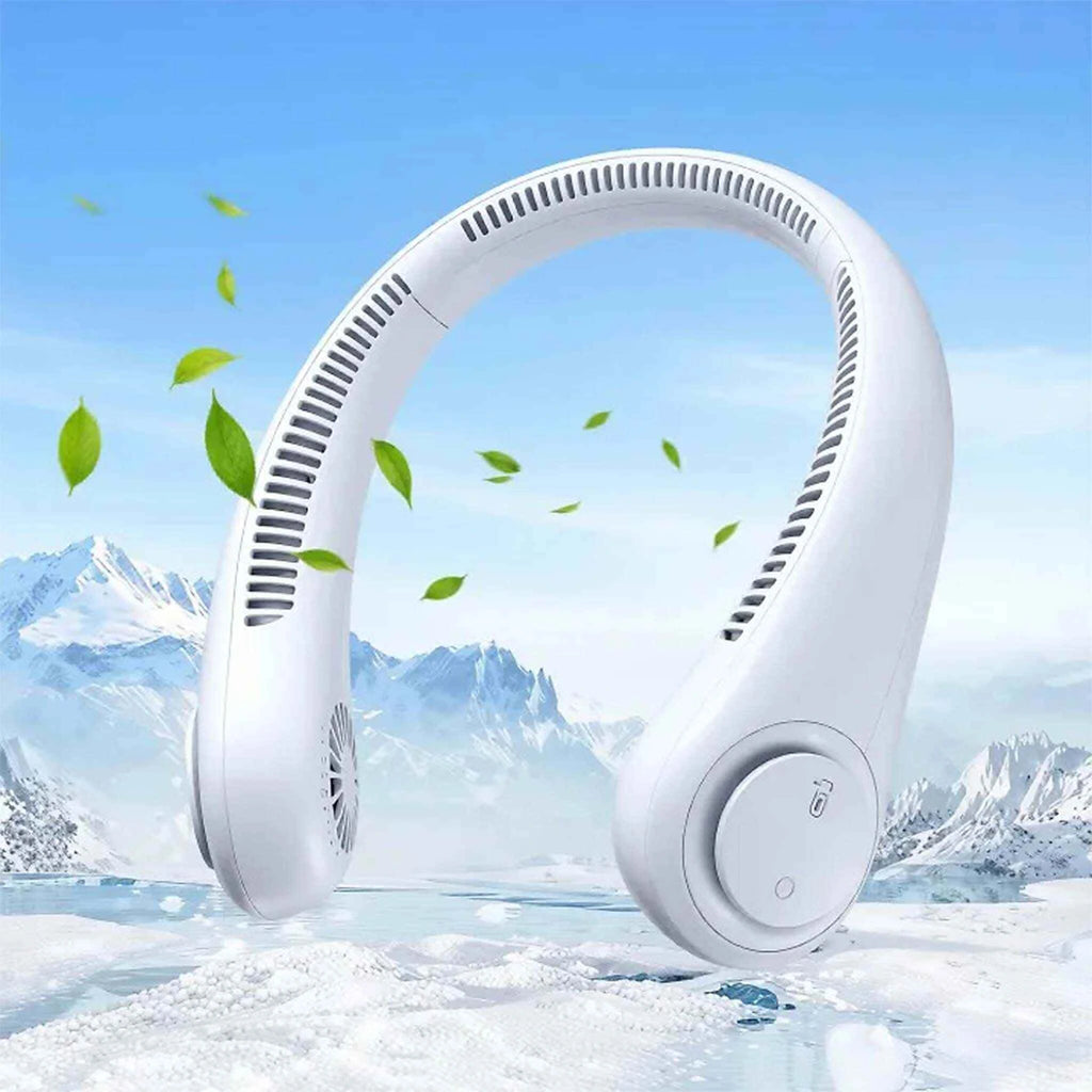 Close-up of rechargeable neck fan showing 3 adjustable wind modes and dual channel air intake design.
