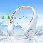 Close-up of rechargeable neck fan showing 3 adjustable wind modes and dual channel air intake design.