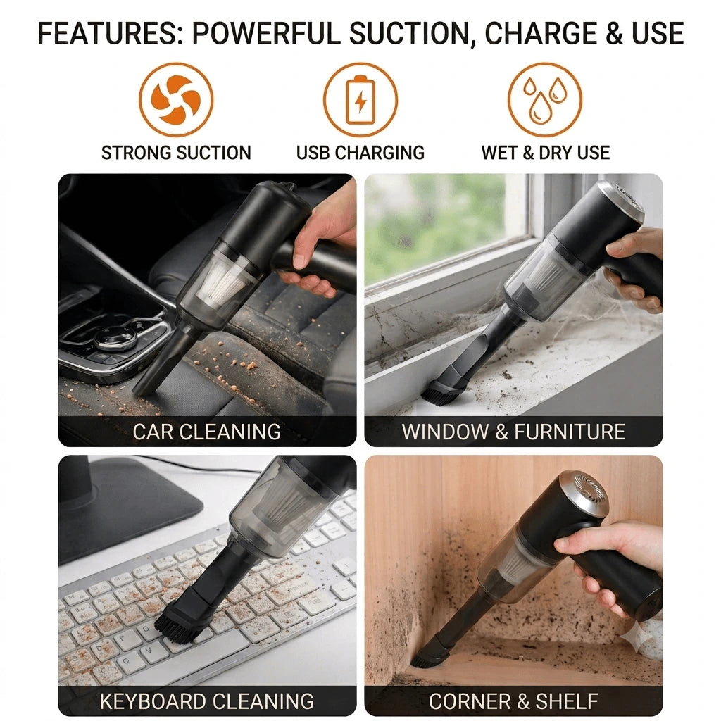120W Powerful Suction Wet and Dry Cordless Mini Vacuum Cleaner with USB Charging