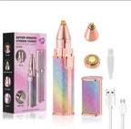 2-in-1 rainbow glitter eyebrow trimmer and facial shaver set for women next to its pink product box, featuring interchangeable shaver heads, a cleaning brush, and a USB charging cable.