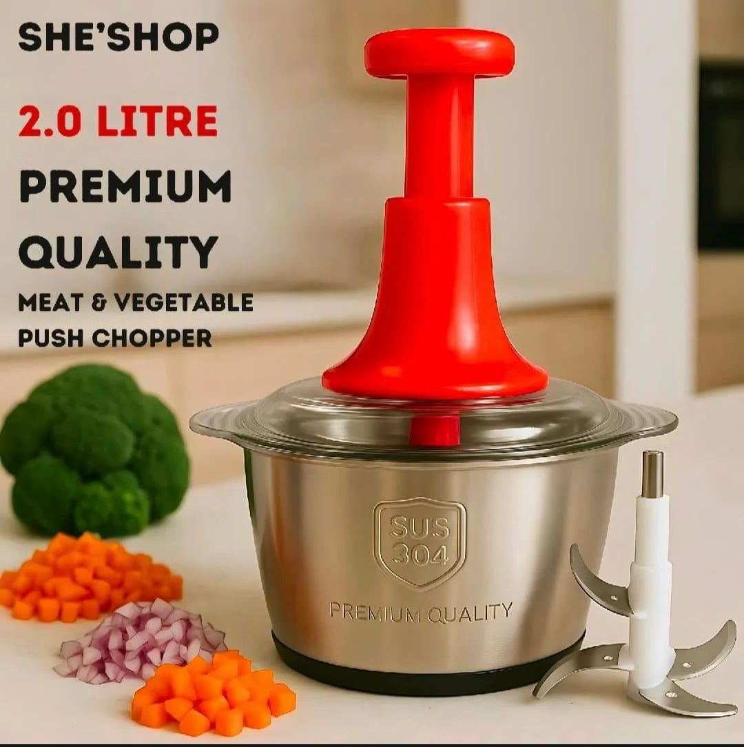 2.0 Litre Premium Quality Meat and Vegetable Push Chopper in action with ingredients