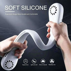 White portable neck hanging cooling fan with 360-degree surround airflow features and specifications on a blue icy background.