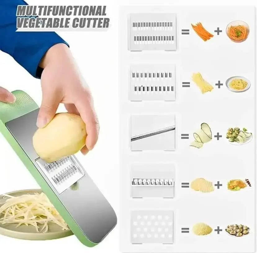 5-in-1 multi-functional vegetable cutter kit with 5 interchangeable stainless steel blade inserts and safety hand guard holder - Trendas
