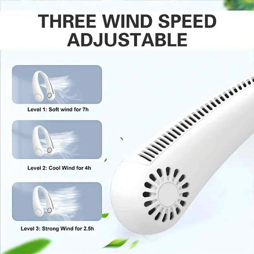 Hands twisting a highly flexible soft silicone personal neck fan to demonstrate its durable and ergonomic design.