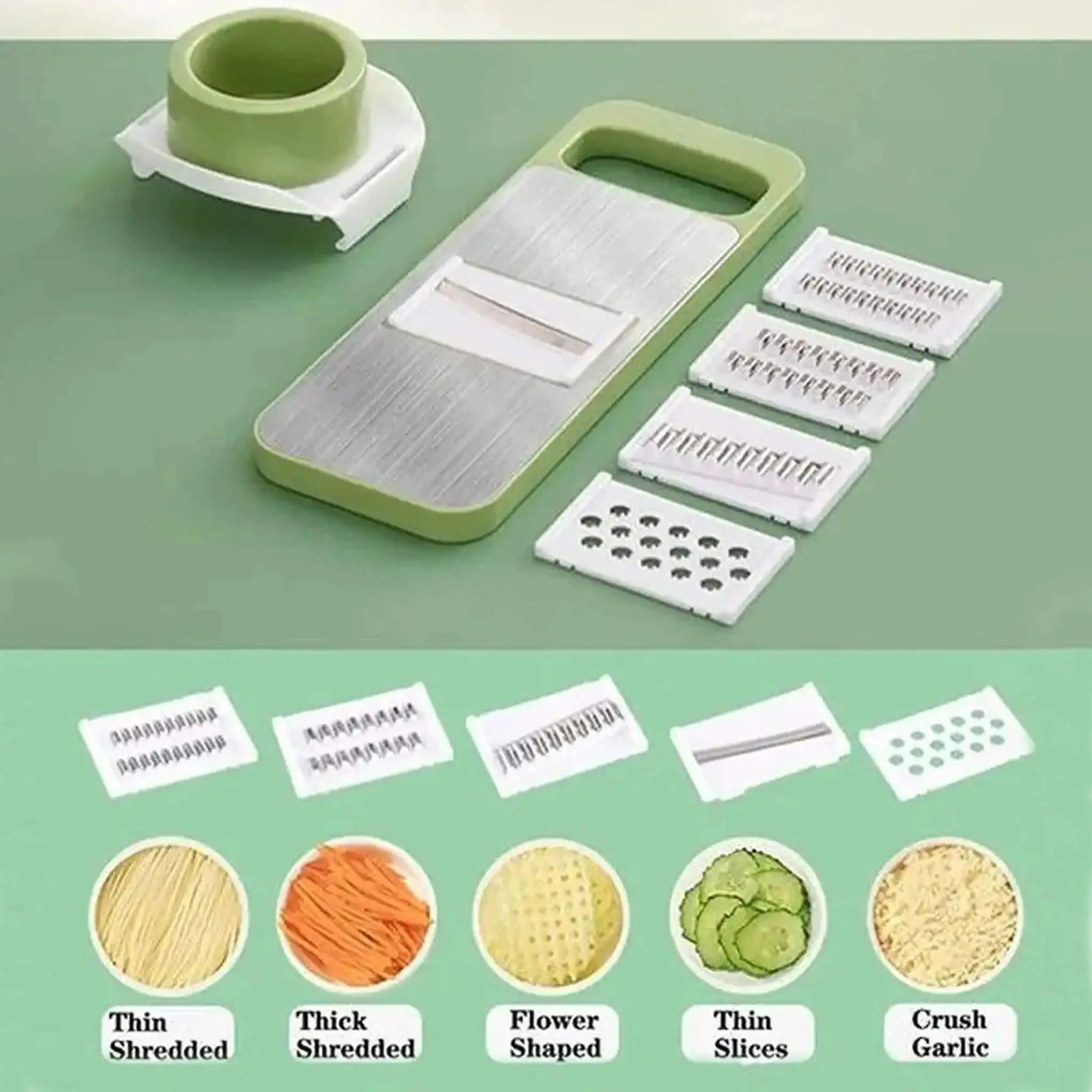 5-in-1 multi-functional vegetable cutter and mandoline slicer with interchangeable stainless steel blades and hand guard for meal prep.