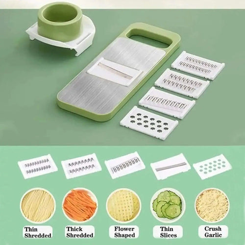 5-in-1 multi-functional vegetable cutter and mandoline slicer with interchangeable stainless steel blades and hand guard for meal prep.