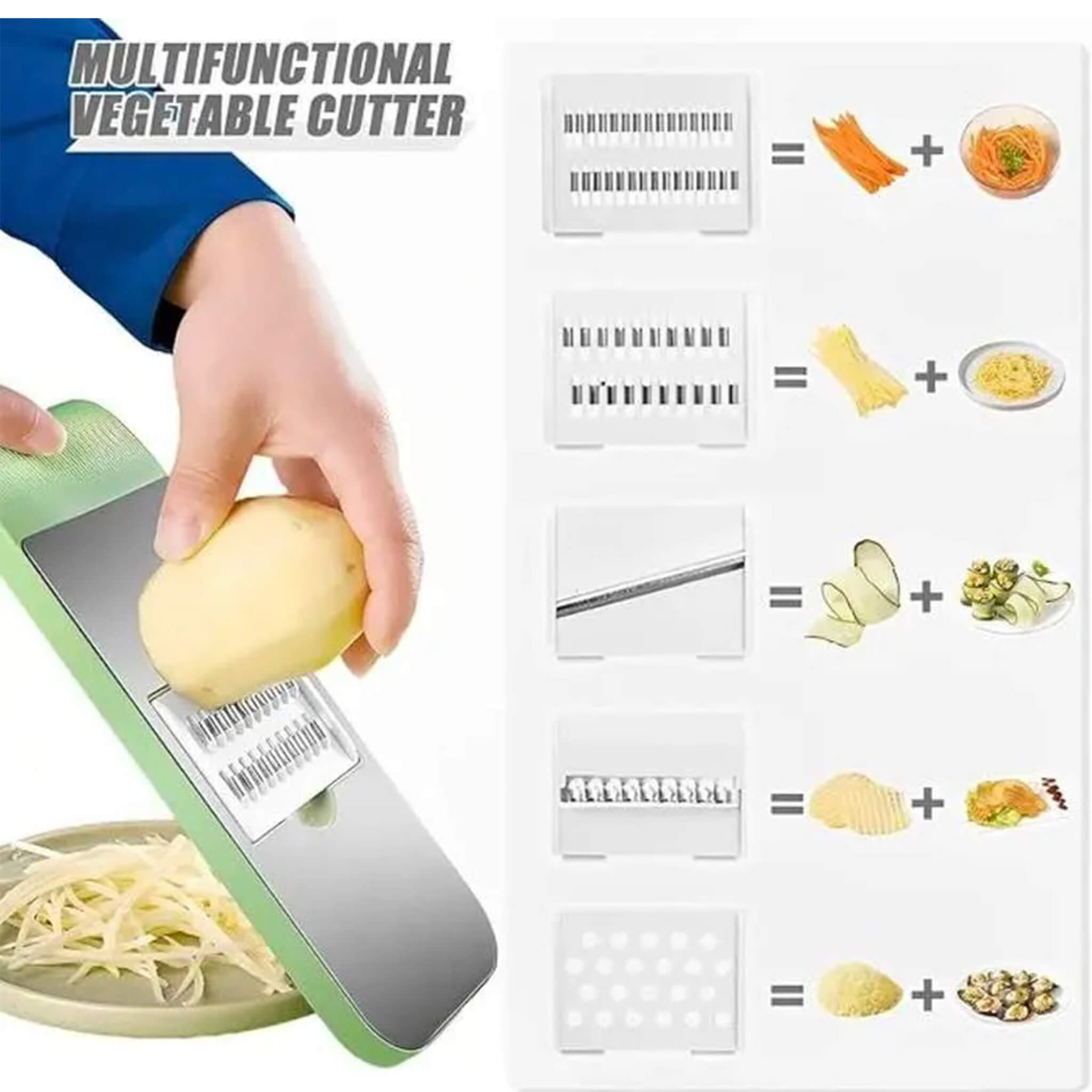 5-in-1 multi-functional vegetable cutter kit with 5 interchangeable stainless steel blade inserts and safety hand guard holder - Trendas