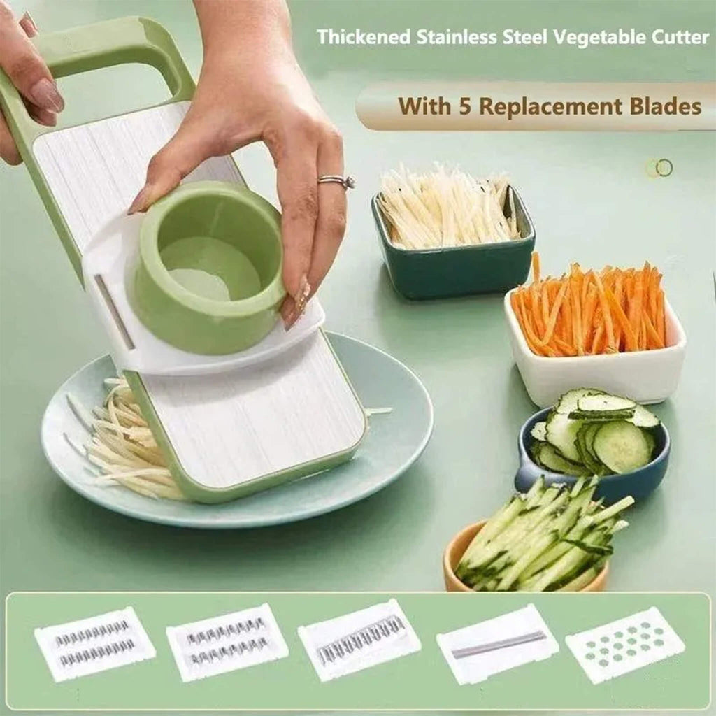 6-Piece Stainless Steel Interchangeable Blades Set including 1.5mm Thin Slice, 3mm Fine Shreds, 5mm Thick Shreds, Grater, and Waffle Fry Blade