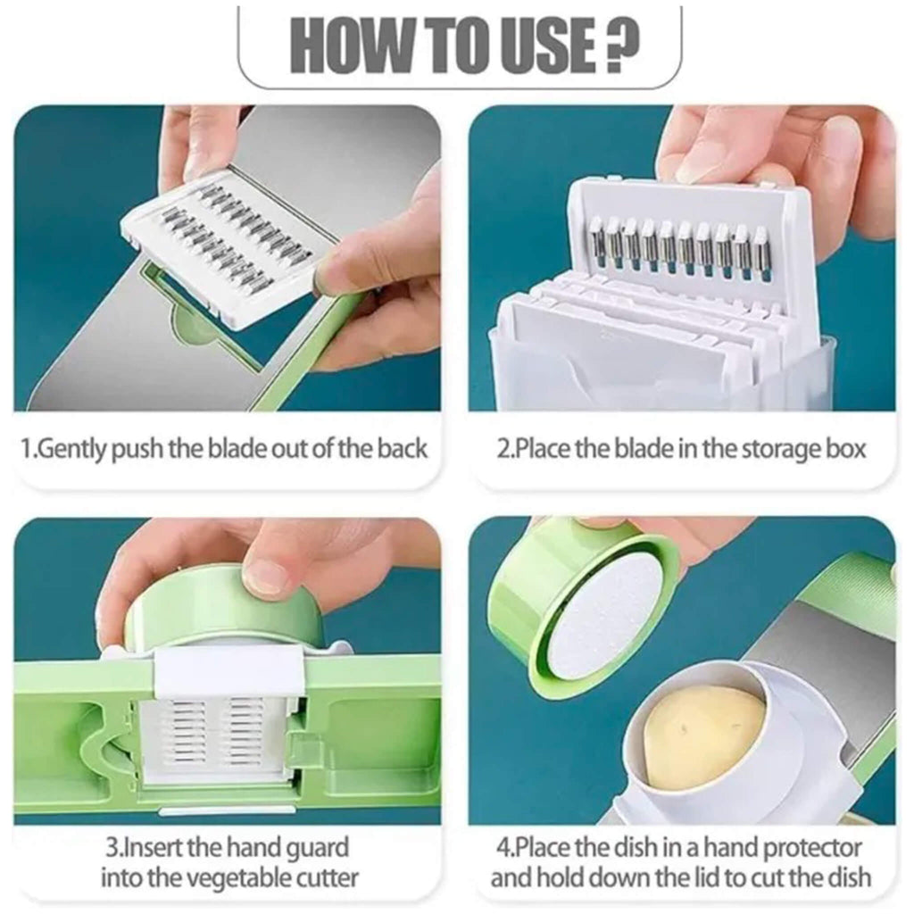 6 interchangeable stainless steel mandoline slicer blade inserts chart displaying cutting thickness sizes in millimeters for thin slices, fine shreds, thick julienne