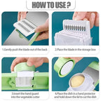 6 interchangeable stainless steel mandoline slicer blade inserts chart displaying cutting thickness sizes in millimeters for thin slices, fine shreds, thick julienne