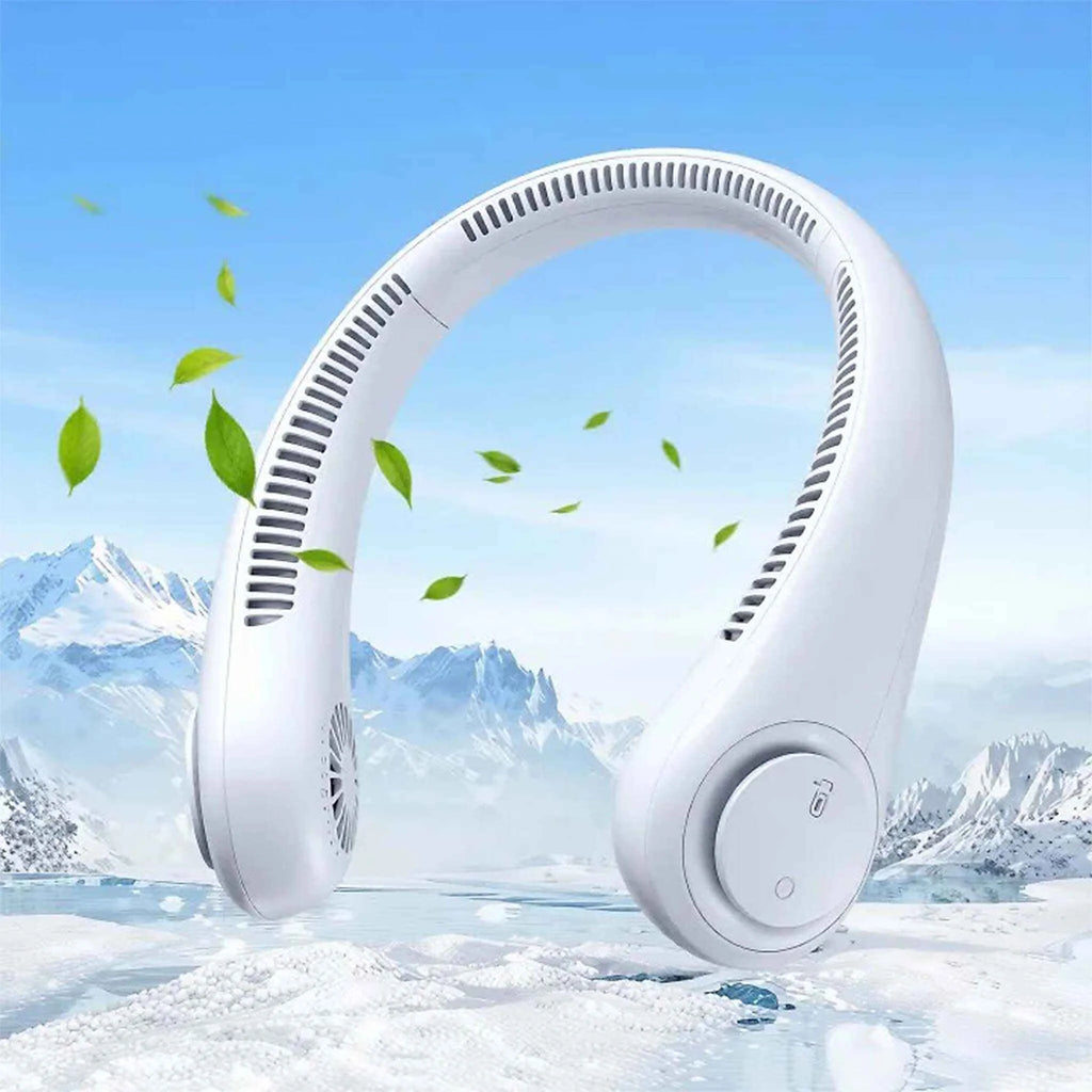Close-up of rechargeable neck fan showing 3 adjustable wind modes and dual channel air intake design.