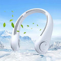 Close-up of rechargeable neck fan showing 3 adjustable wind modes and dual channel air intake design.