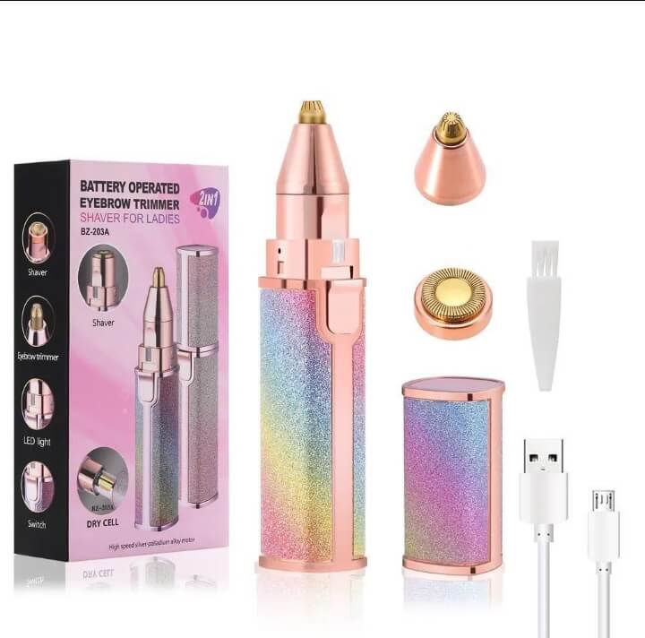 Trendas 2-in-1 facial hair remover with interchangeable heads, USB charging and cleaning brush.