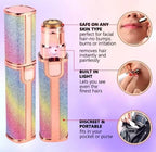 Features graphic for a discreet and portable women's facial hair shaver, showing it fitting easily inside a purse, being safe on all skin types without irritation, and using a built-in light to catch fine hairs.
