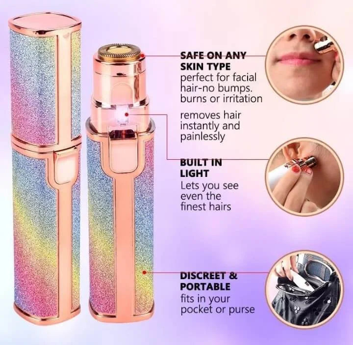Features graphic for a discreet and portable women's facial hair shaver, showing it fitting easily inside a purse, being safe on all skin types without irritation, and using a built-in light to catch fine hairs.