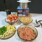 Finely chopped meat and vegetables results using manual press food chopper