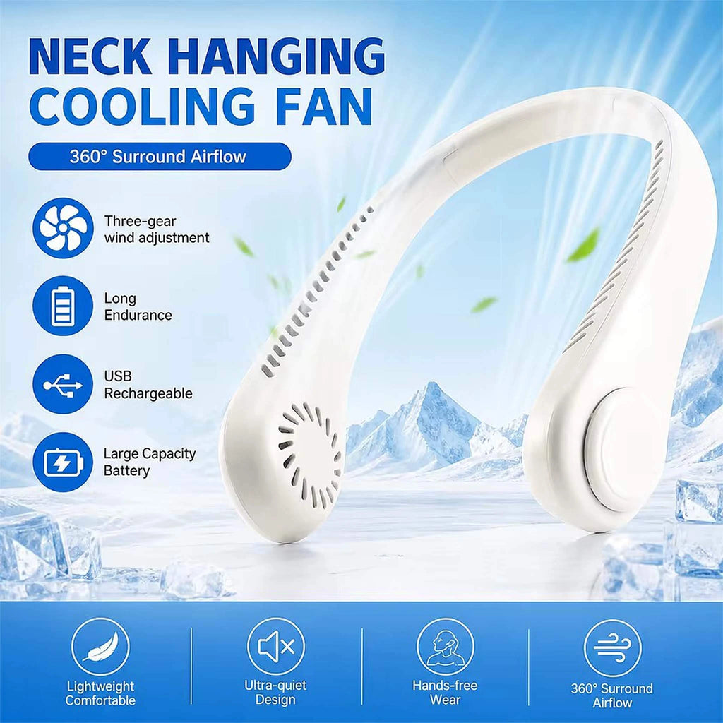 Lightweight and compact portable neck fan hanging on a wooden wall hook showing dimensions 7.8 by 7.8 inches.