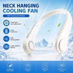 Lightweight and compact portable neck fan hanging on a wooden wall hook showing dimensions 7.8 by 7.8 inches.