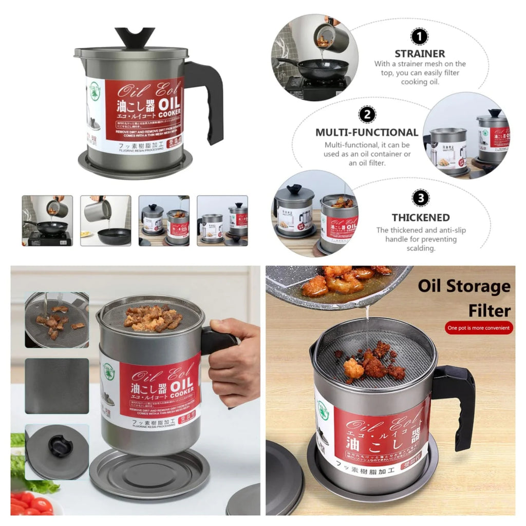 Multi-functional Fryer Oil Filter Pot and Storage Container showing mesh strainer details