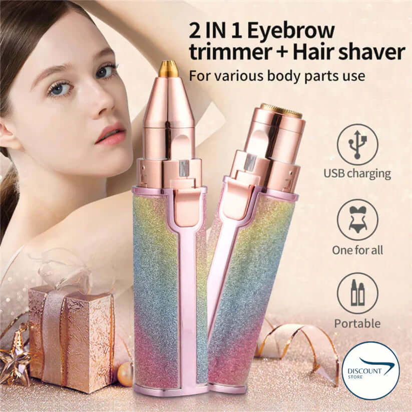Model showcasing the Trendas 2-in-1 eyebrow trimmer and hair haver, highlighting its versatile uses and protable design.