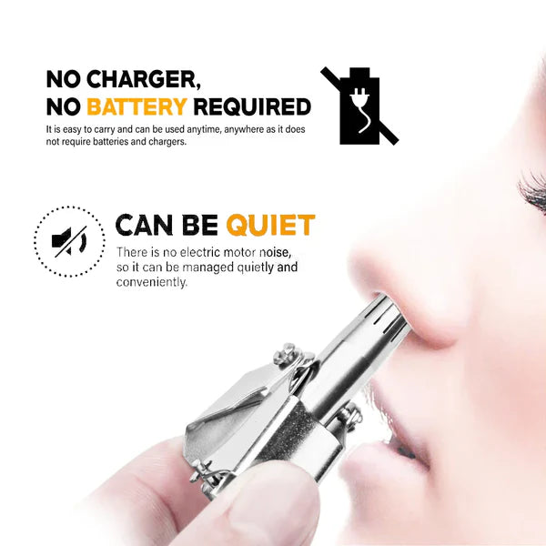 Portable manual nose hair trimmer, no battery or charger required for quiet operation.