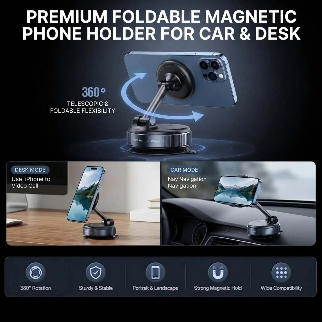 Premium Foldable Magnetic Phone Holder for Car & Desk - 360° Rotation