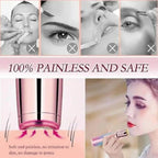 Product infographic titled 100% Painless and Safe comparing the smooth electric facial shaver head against traditional painful methods like threading, waxing, and tweezing.