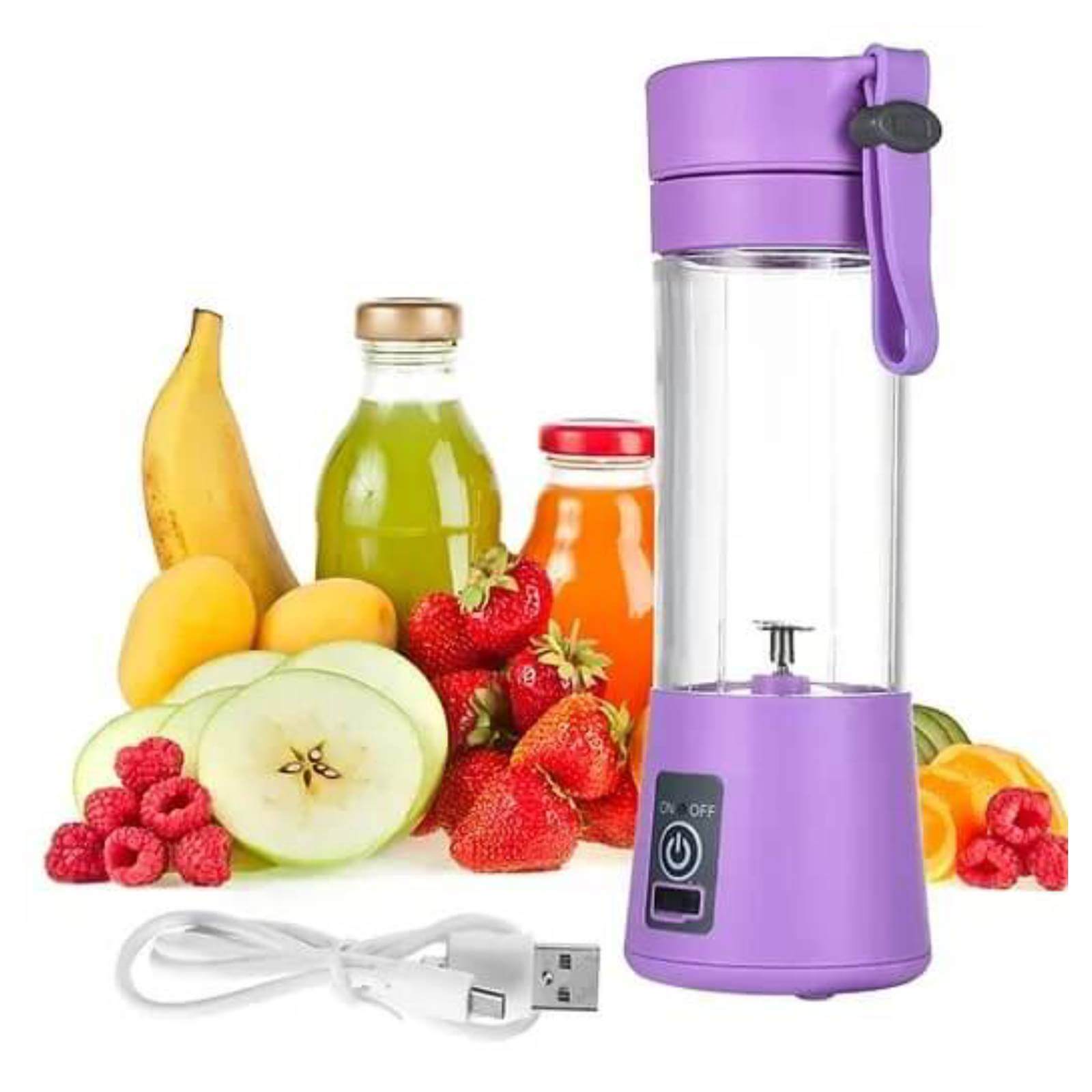 Purple travel juicer cup with USB charging cable surrounded by fresh strawberries and banana