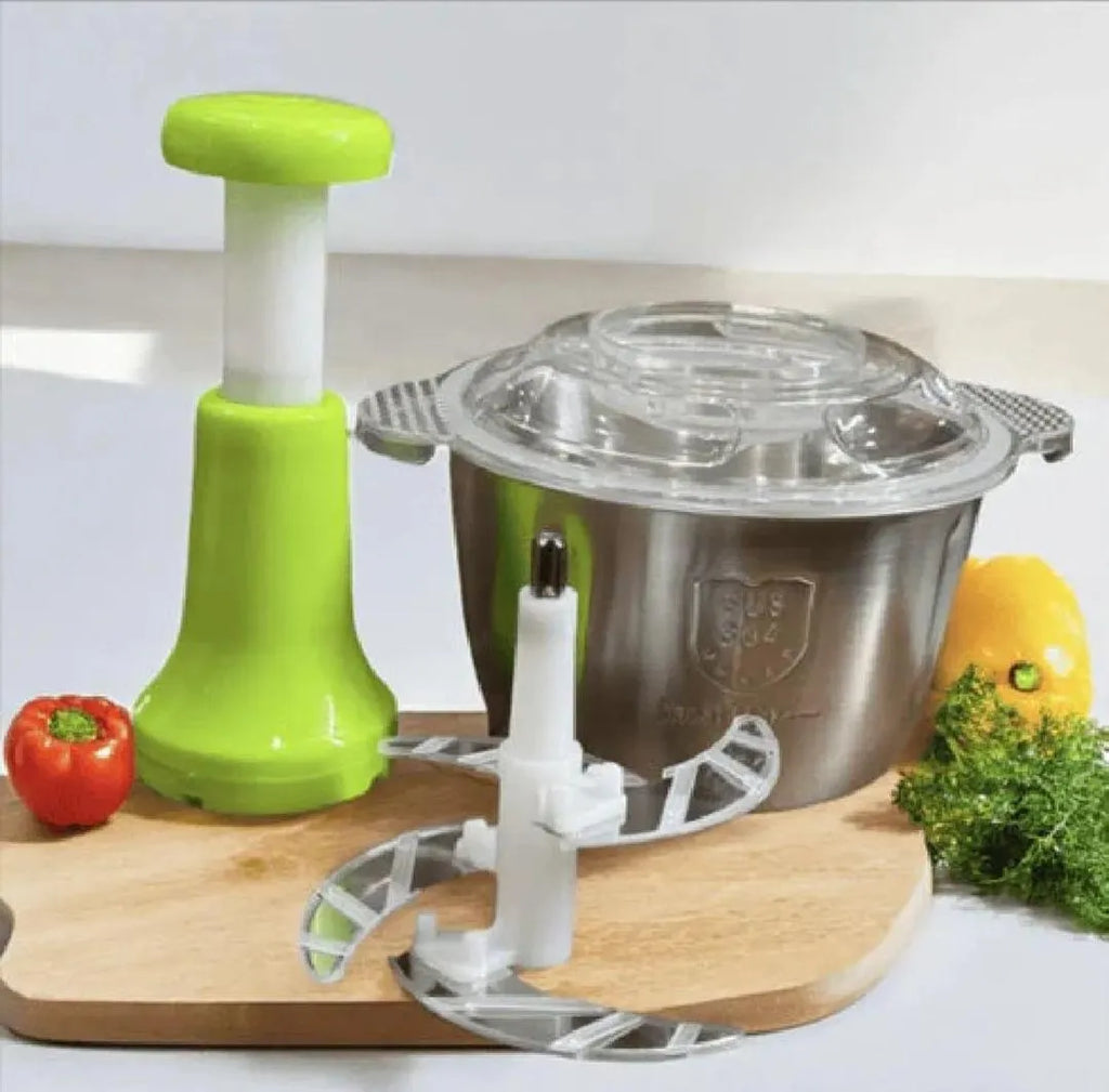 Stainless steel chopper blades, bowl, and push handle parts layout