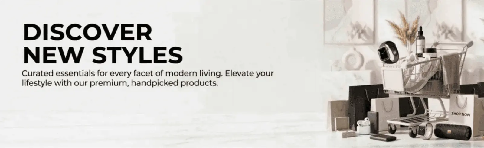 Trend Us banner with text 'Discover New Styles' showcasing premium lifestyle products, a smart watch, and shopping bags for the best online dropshipping store in Pakistan.