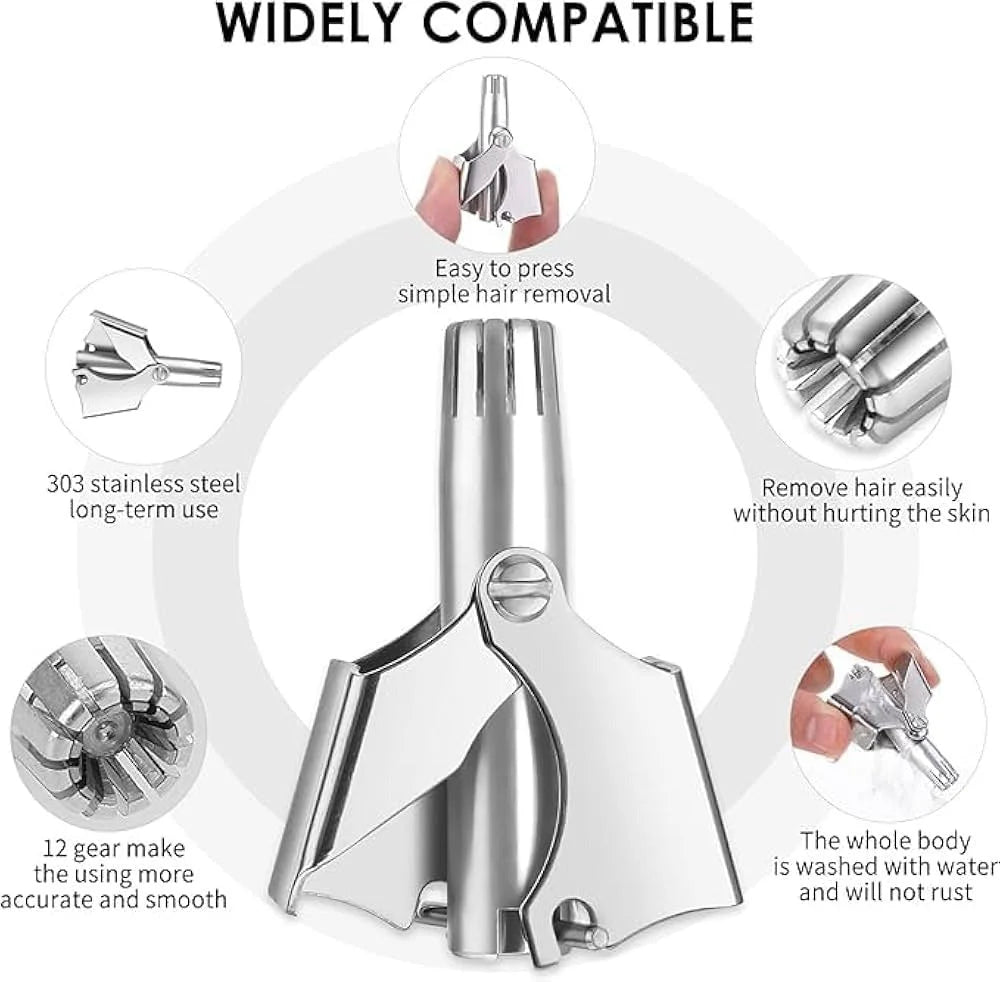 Widely compatible manual nose and ear hair trimmer features, including rust-proof material and 12-gear accurate trimming.