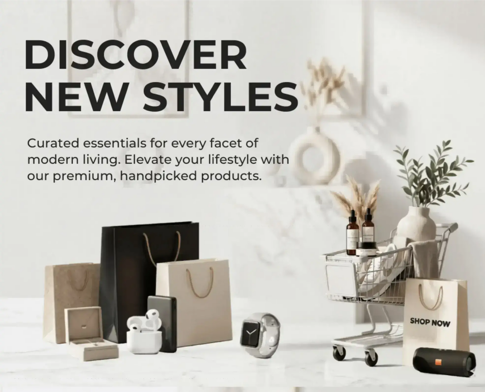 Trend Us mobile hero banner with text 'Discover New Styles' showcasing a shopping cart with premium lifestyle products, a smartwatch, and tech gadgets for online shopping in Pakistan.
